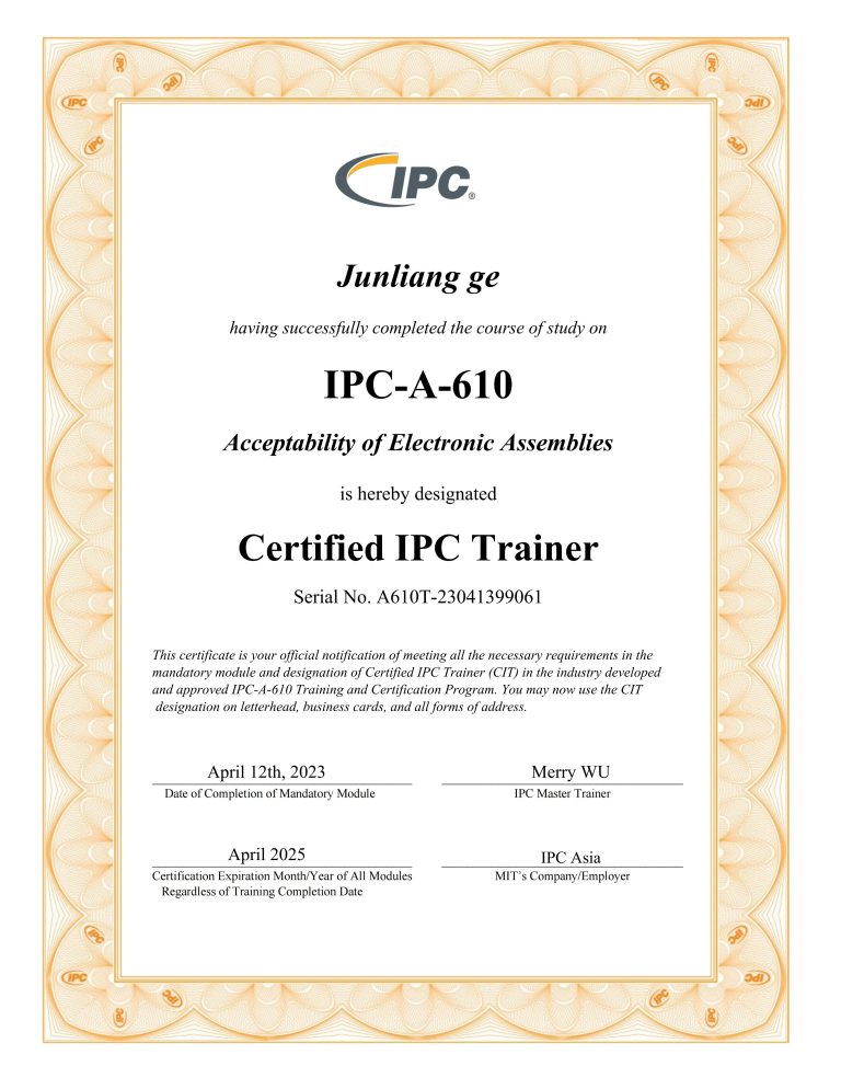 IPC-A-610H CIT证书